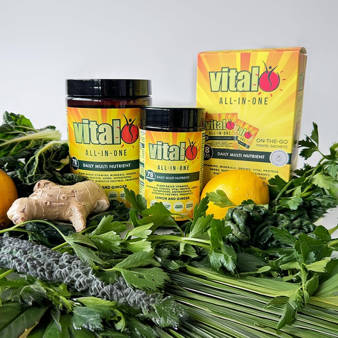 Vital All-in-One Daily Greens Powder - Superfood con Probióticos y Antioxidantes - Sabor Limón y Jengibre, 300 g