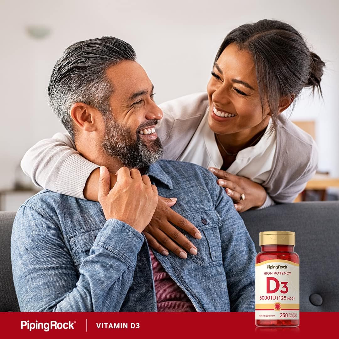 Piping Rock Vitamina D3 5000 UI | 250 Cápsulas Blandas | Complemento Alimenticio de Alta Potencia | No OMG, Sin Gluten