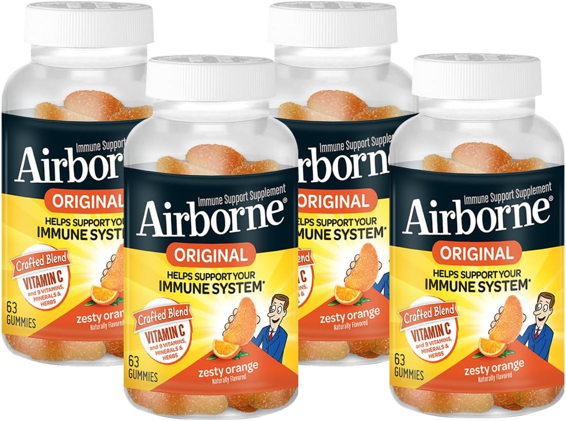 Airborne Gominolas de Apoyo Inmunológico, Sabor Naranja, 63 uds - 750 mg de Vitamina C + Vitaminas A, D y E + Zinc, Selenio y Manganeso | Mezcla de Hierbas (Paquete de 4)