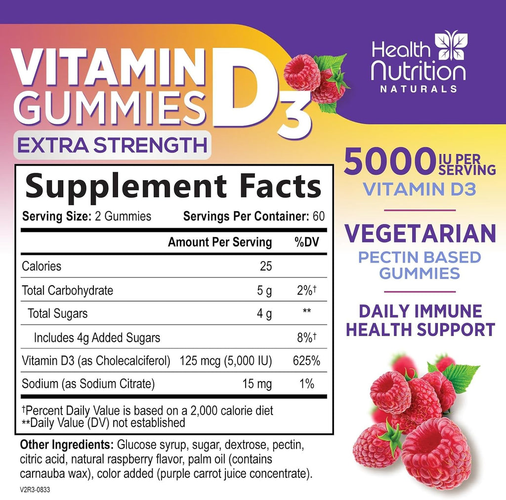 Vitamin D3 Gummies 5000 IU - 120 Gominolas de Vitamina D3 con Sabor a Frambuesa