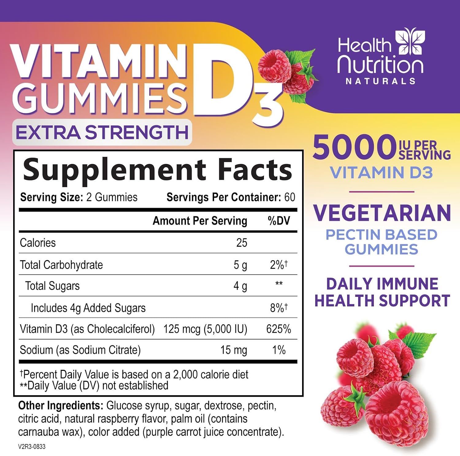 Vitamin D3 Gummies 5000 IU - 120 Gominolas de Vitamina D3 con Sabor a Frambuesa