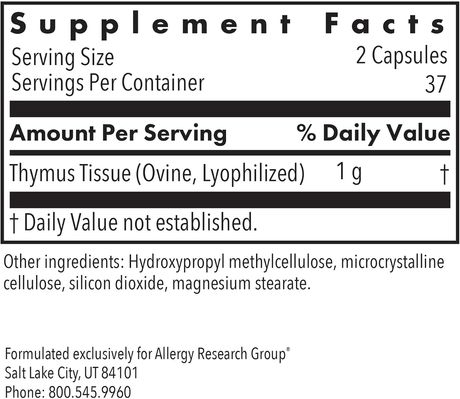 Allergy Research Group ARG Thymus - Extracto de Timo Liofilizado - 75 Vegicápsulas