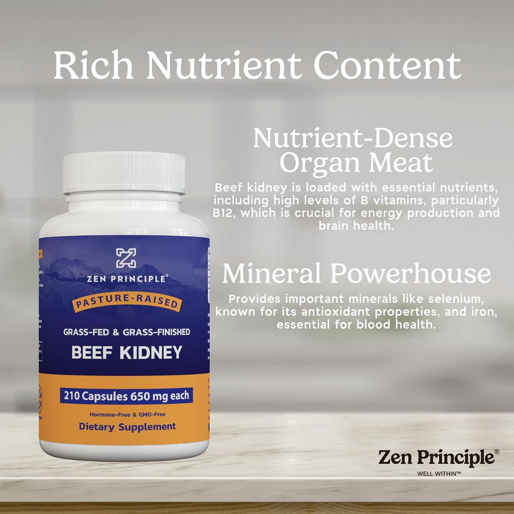 Zen Principle – Suplemento de Riñón de Ternera Grass-Fed (210 Cápsulas, 3000 mg)