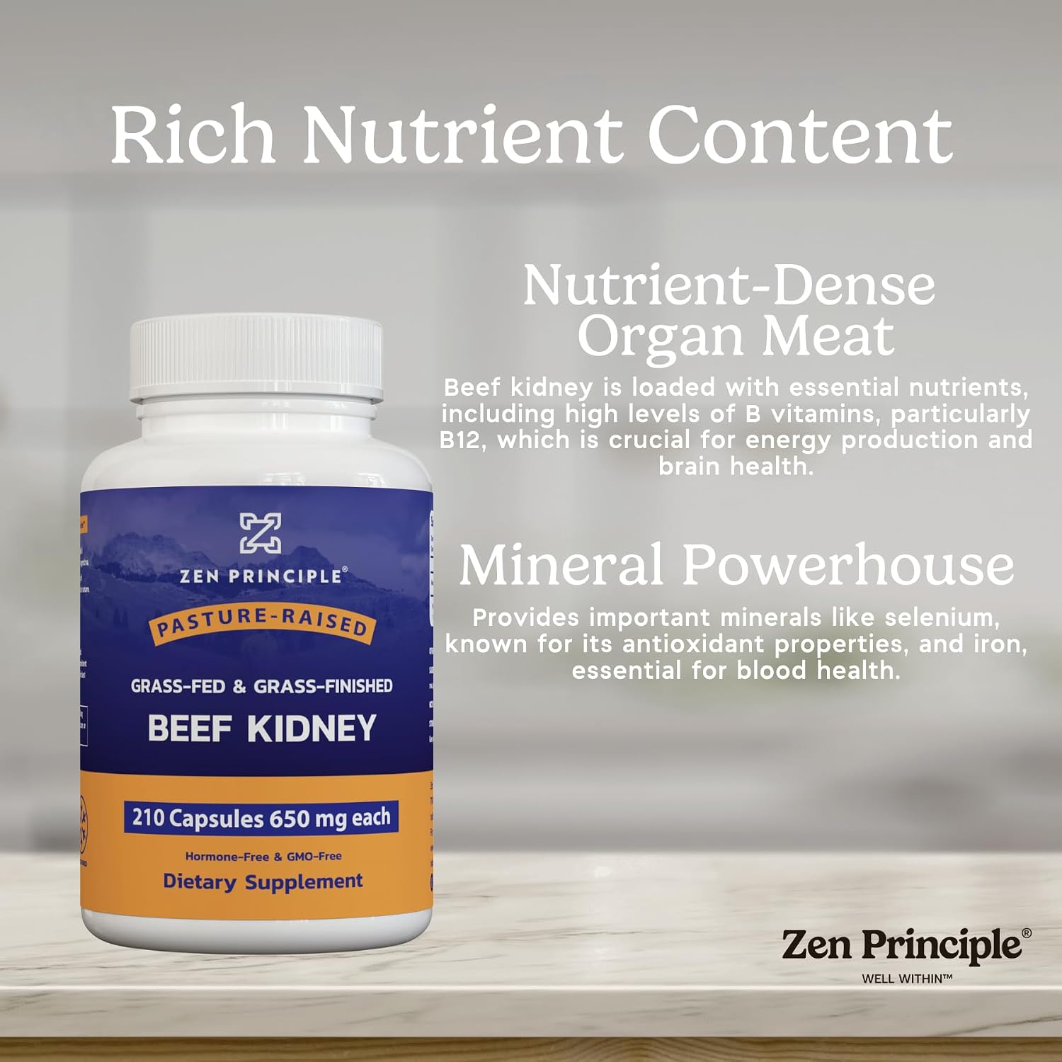 Zen Principle – Suplemento de Riñón de Ternera Grass-Fed (210 Cápsulas, 3000 mg)