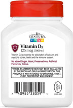 21st Century Healthcare Vitamina D3 125 mcg (5000 IU) Cápsulas Blandas de Liberación Rápida, 110 Unidades