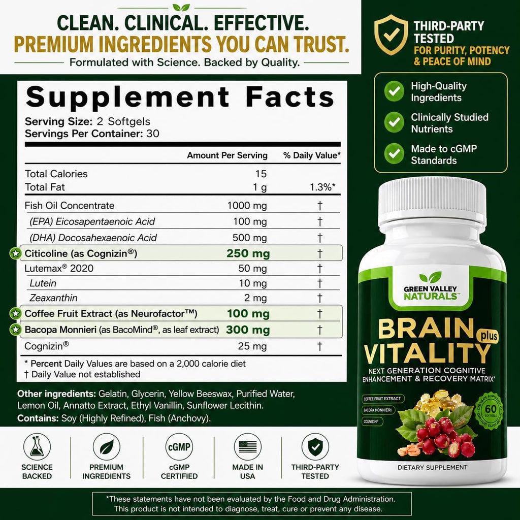 GREEN VALLEY NATURALS Brain Vitality Plus™ – Apoyo Cognitivo para Memoria, Concentración y Claridad Mental con Cognizin® Citicolina, Bacopa Monnieri y DHA Omega-3 | 60 Cápsulas Blandas