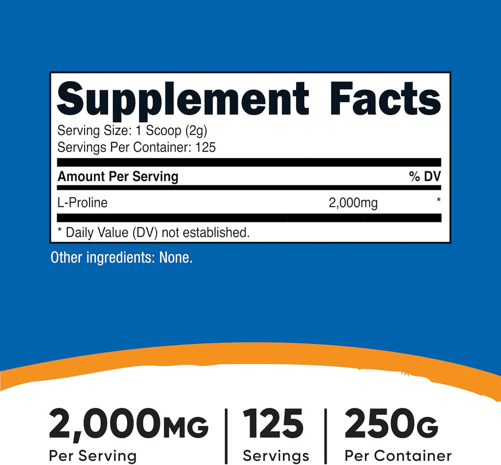 Nutricost L-Prolina en Polvo 250g - 2000mg por ración, No-GMO