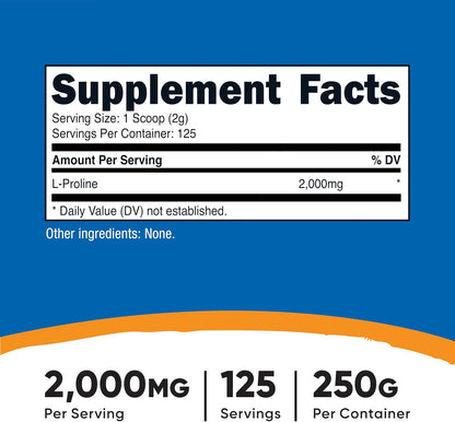 Nutricost L-Prolina en Polvo 250g - 2000mg – No-GMO: Libre de organismos genéticamente modificados. – Image 2