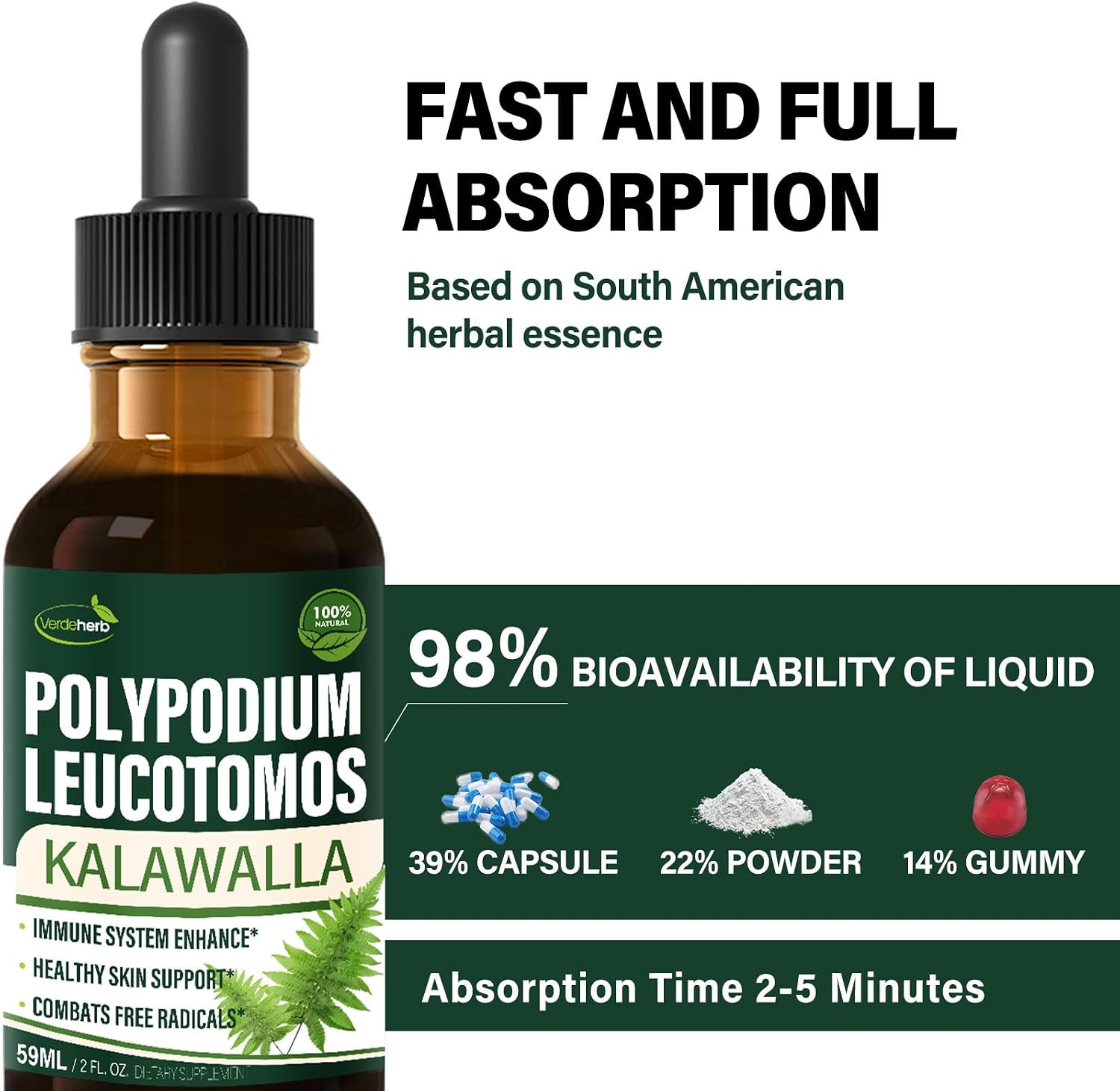Polypodium leucotomos Immune Support Drops, Herbal Extract Immunity Boost Supplement for Skin Health. Calaguala para Proteger la Piel. 2oz