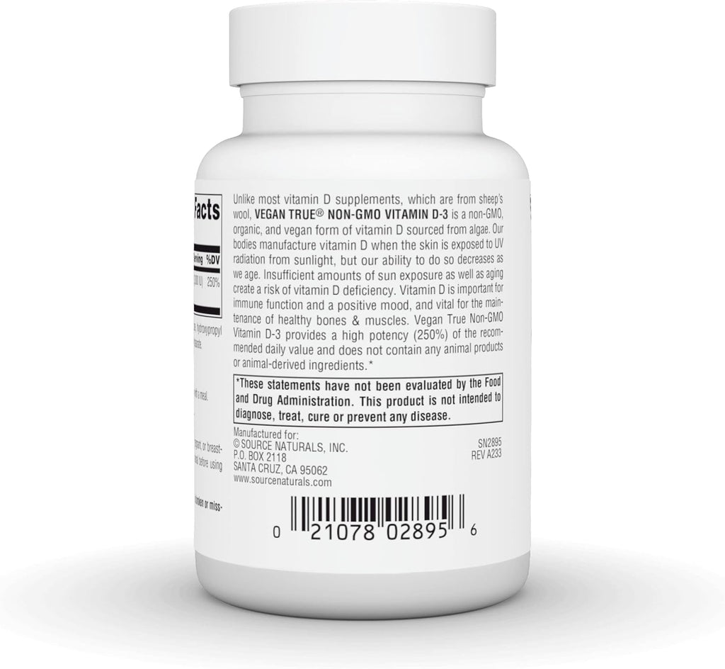 Source Naturals Vegan True Vitamina D3 2000 UI – 90 Cápsulas (Vegano, No-GMO, de Algas)