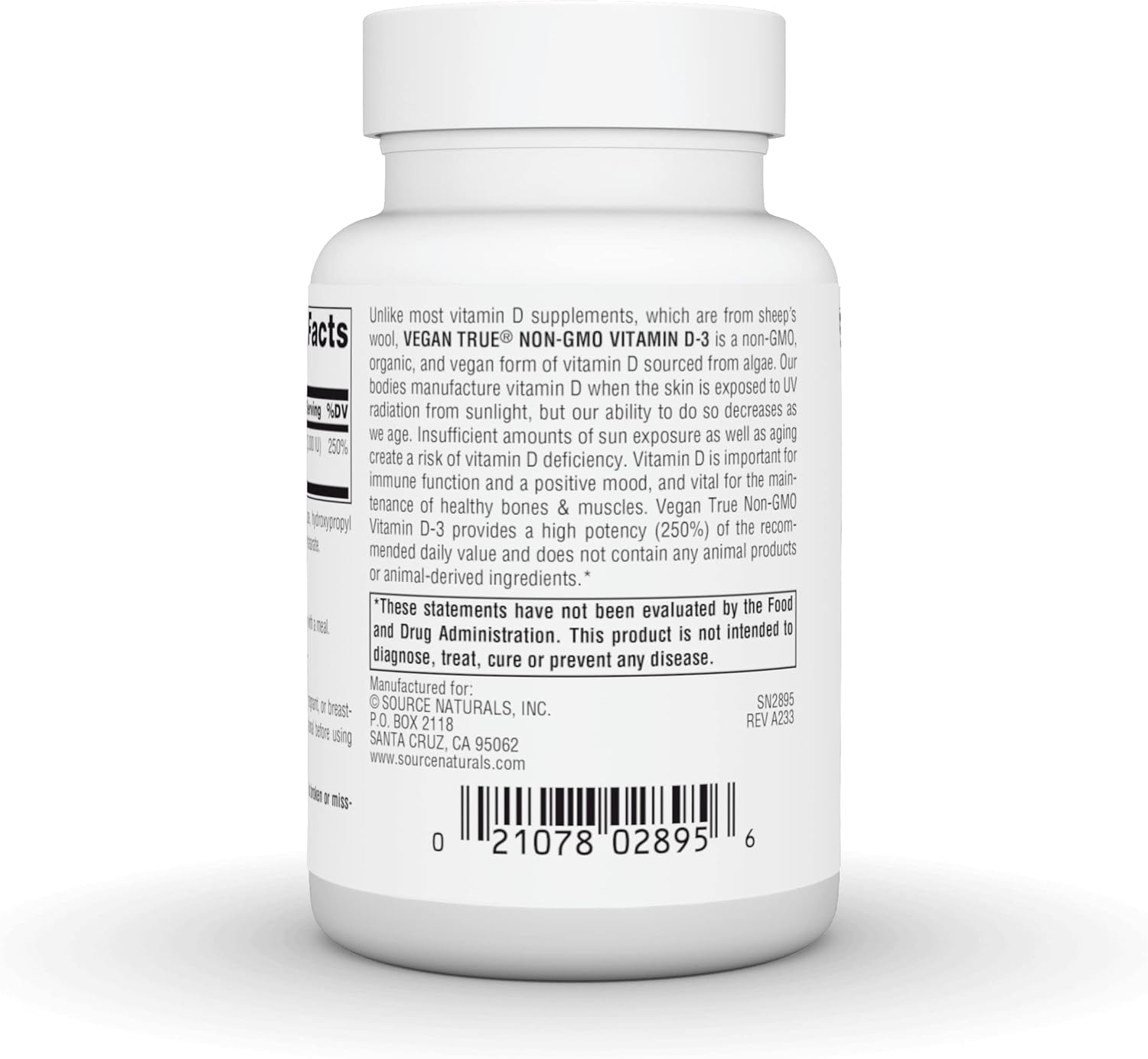 Source Naturals Vegan True Vitamina D3 2000 UI – 90 Cápsulas (Vegano, No-GMO, de Algas)