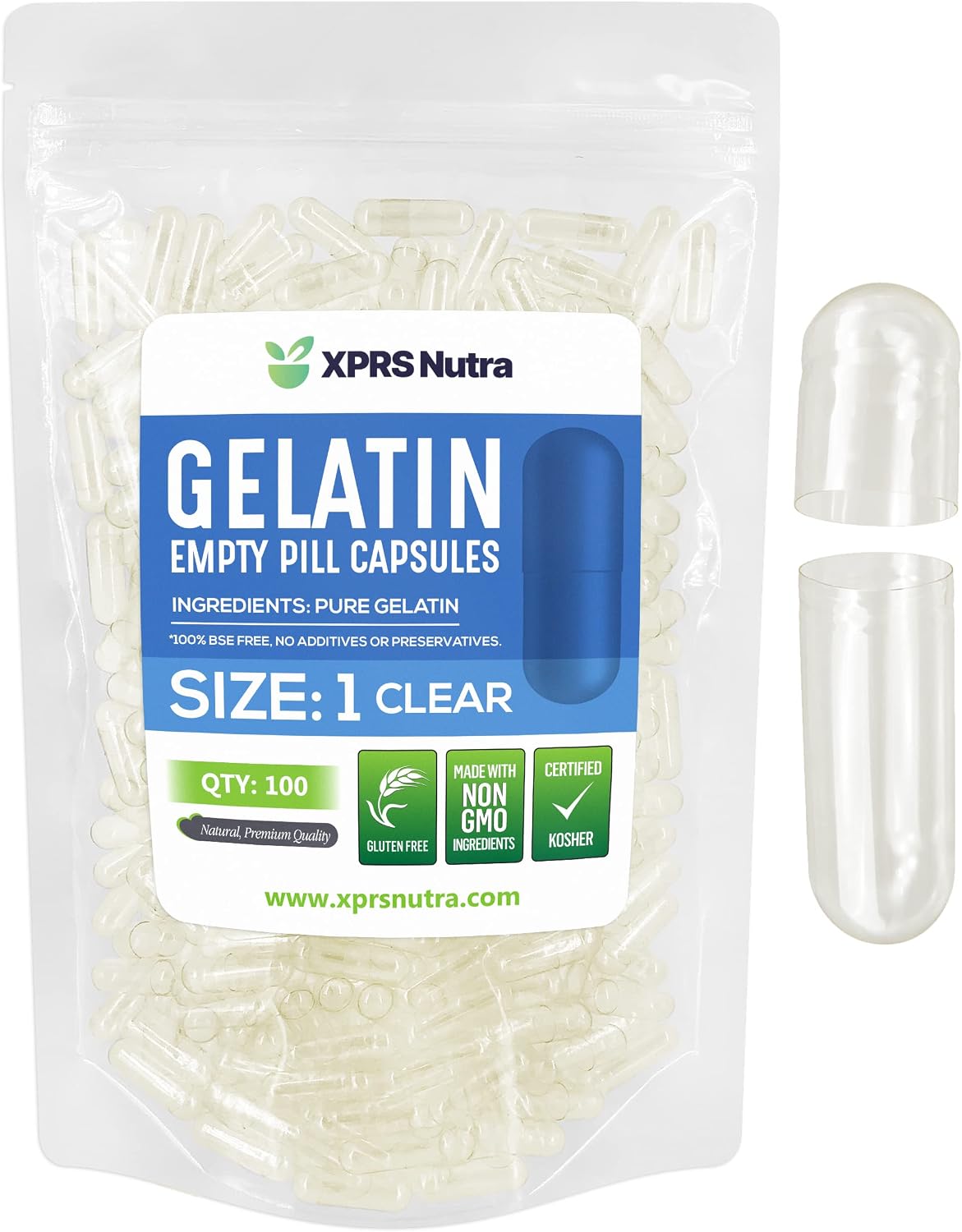 XPRS Nutra Empty Capsules Size 1 - 100 Count Bovine Gelatin
