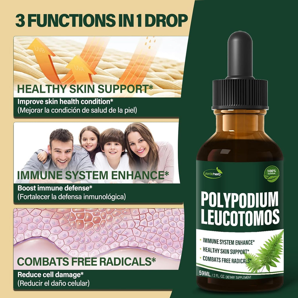 Polypodium leucotomos Immune Support Drops, Herbal Extract Immunity Boost Supplement for Skin Health. Calaguala para Proteger la Piel. 2oz