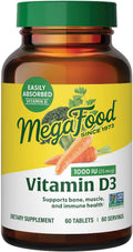 MegaFood Vitamina D3 1000 UI (25 mcg) - Suplemento de Vitamina D con Alimentos Reales, Apoya Huesos, Dientes y Músculos, Vegetariano, Sin Gluten, No Transgénico, Kosher – 60 Comprimidos