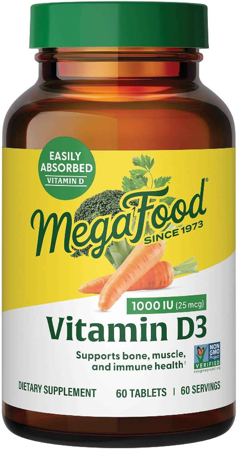 MegaFood Vitamina D3 1000 UI (25 mcg) - Suplemento de Vitamina D con Alimentos Reales, Apoya Huesos, Dientes y Músculos, Vegetariano, Sin Gluten, No Transgénico, Kosher – 60 Comprimidos