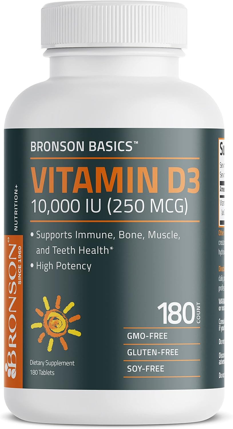Bronson Vitamina D3 10.000 UI (250 mcg) - 180 Comprimidos para el Mantenimiento de la Función Muscular y el Sistema Inmunitario