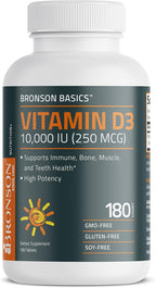 Bronson Vitamina D3 10.000 UI (250 mcg) - 180 Comprimidos para el Mantenimiento de la Función Muscular y el Sistema Inmunitario