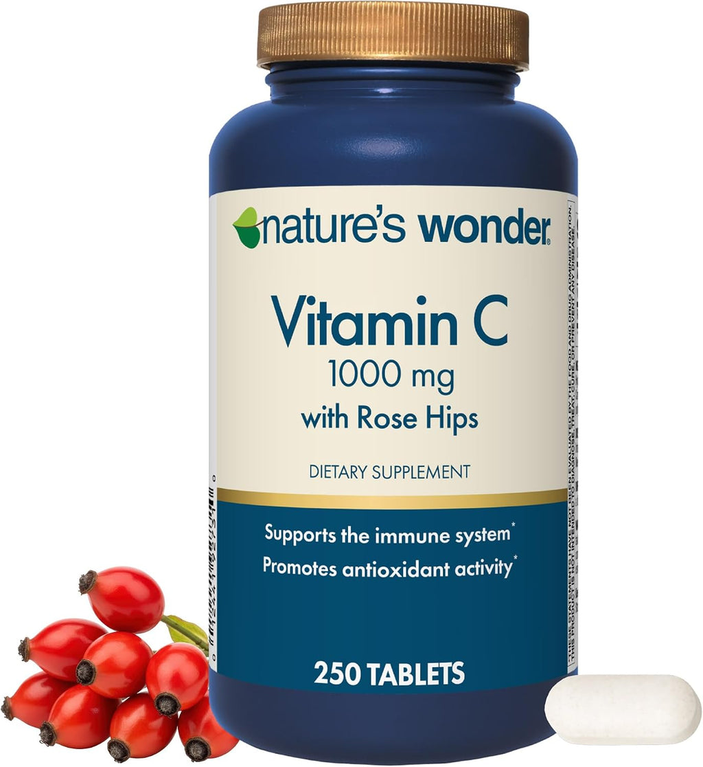Nature's Wonder Vitamina C 1000mg con Rosa Mosqueta - Suplemento de Alta Potencia para el Apoyo Inmunológico y Antioxidante Diario, Salud del Corazón y la Piel, Estado de Ánimo y Recuperación - Sin Gluten - 250 Comprimidos