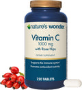 Nature's Wonder Vitamina C 1000mg con Rosa Mosqueta - Suplemento de Alta Potencia para el Apoyo Inmunológico y Antioxidante Diario, Salud del Corazón y la Piel, Estado de Ánimo y Recuperación - Sin Gluten - 250 Comprimidos