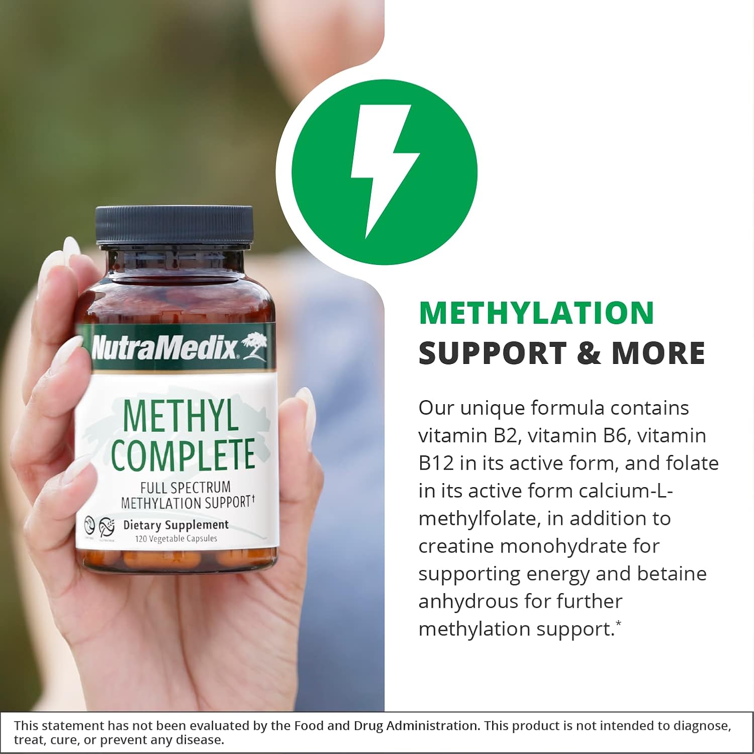 NutraMedix Methyl Complete - Cápsulas Completo para Metilación y Energía - Vitamina B2, B6, B12 y Folato - con Monohidrato de Creatina y Betaína Anhidra (120 Unidades)