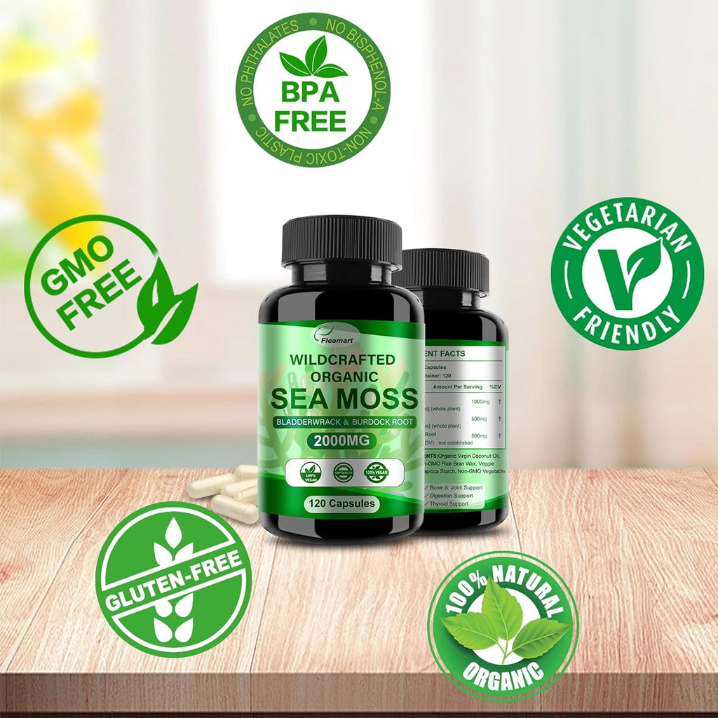 Cápsulas de Irish Sea Moss con Bladderwrack y Burdock Root - 120 Cápsulas (2 Envases) | Fleamart