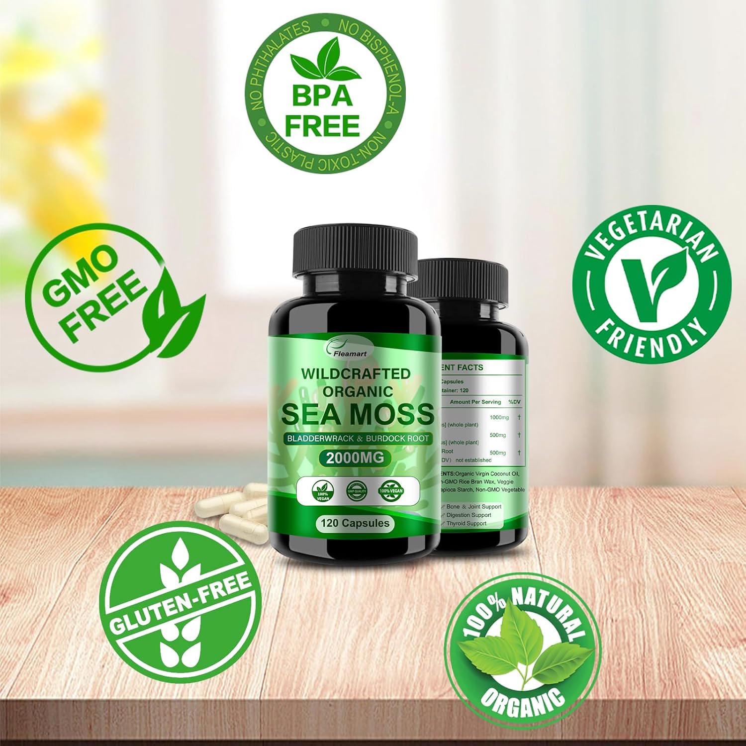 Cápsulas de Irish Sea Moss con Bladderwrack y Burdock Root - 120 Cápsulas (2 Envases) | Fleamart