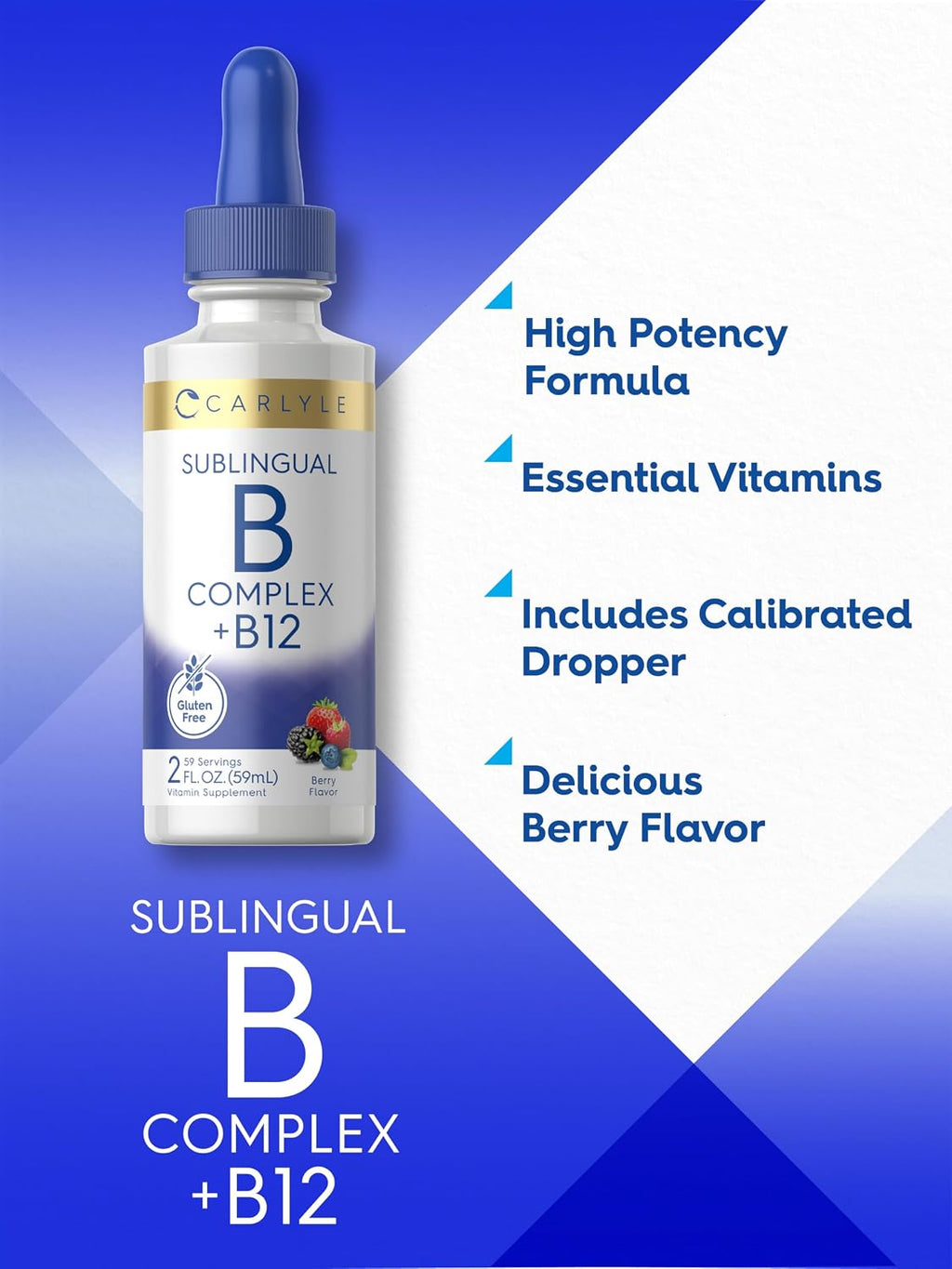Carlyle Complejo B Sublingual - 60 ml - Gotas Líquidas con Vitamina B12 - Sabor a Bayas - Suplemento Vegetariano, No GMO, Sin Gluten