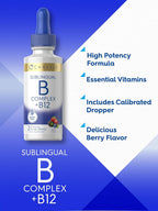 Carlyle Complejo B Sublingual - 60 ml - Gotas Líquidas con Vitamina B12 - Sabor a Bayas - Suplemento Vegetariano, No GMO, Sin Gluten