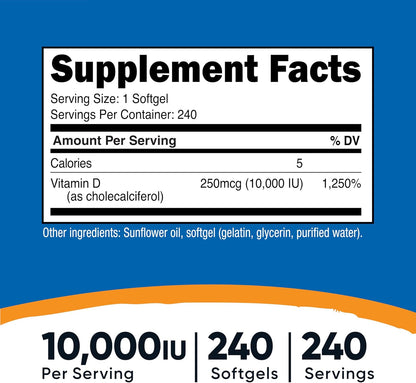 Nutricost Vitamina D3 10.000 UI, 240 – El mantenimiento de los niveles normales de calcio en sangre. – Image 2