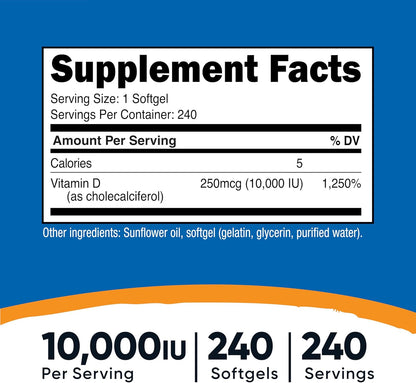 Nutricost Vitamina D3 10.000 IU - 240 Cápsulas Blandas (Pack de 3) – Image 2