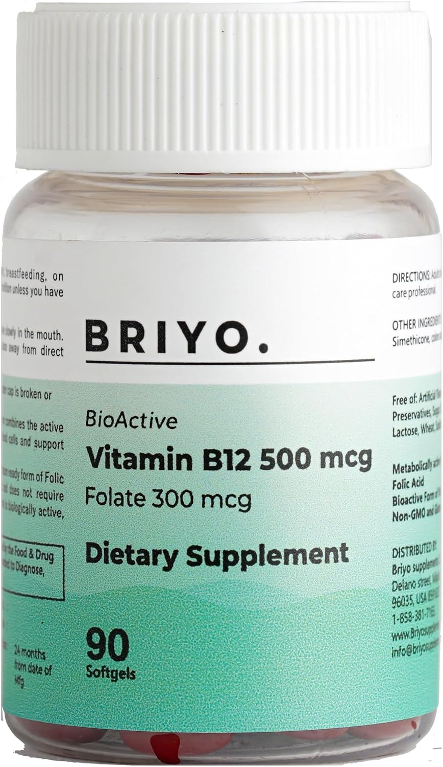 Briyo Vitamin B12 500 mcg (metilcobalamina) con Folato (metilfolato) y Hierro - 90 mini softgels