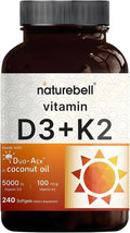 NatureBell Vitamina D3 y K2 - 5000 UI D3 + 100 mcg K2 MK-7, 240 Cápsulas Blandas con Aceite de Coco