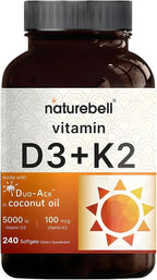 NatureBell Vitamina D3 y K2 - 5000 UI D3 + 100 mcg K2 MK-7, 240 Cápsulas Blandas con Aceite de Coco