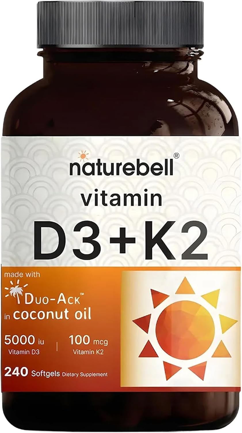 NatureBell Vitamina D3 y K2 - 5000 UI D3 + 100 mcg K2 MK-7, 240 Cápsulas Blandas con Aceite de Coco