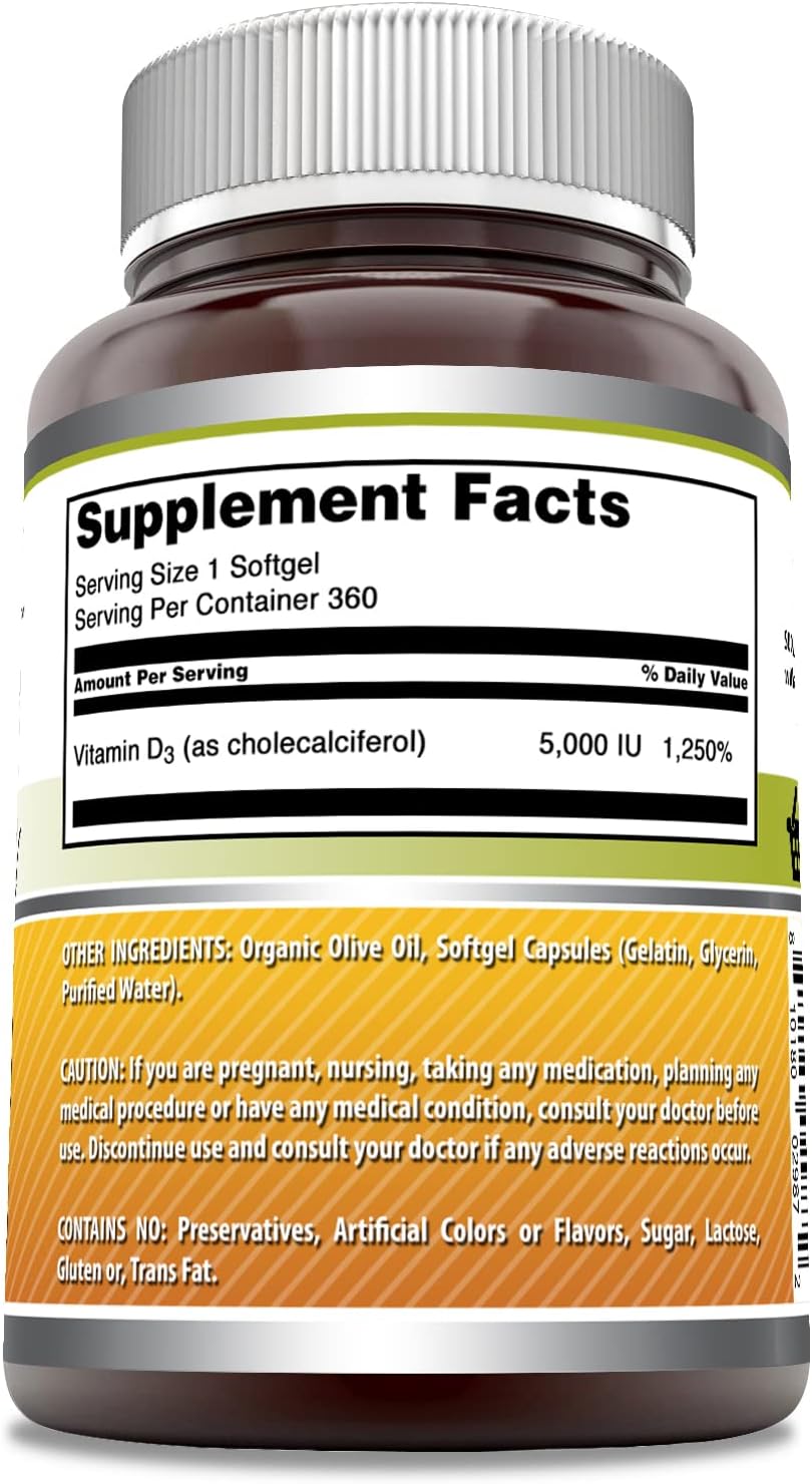 Amazing Formulas Vitamin D3 in Olive Oil 5000 IU | 360 Softgels | Non-GMO | Gluten-Free