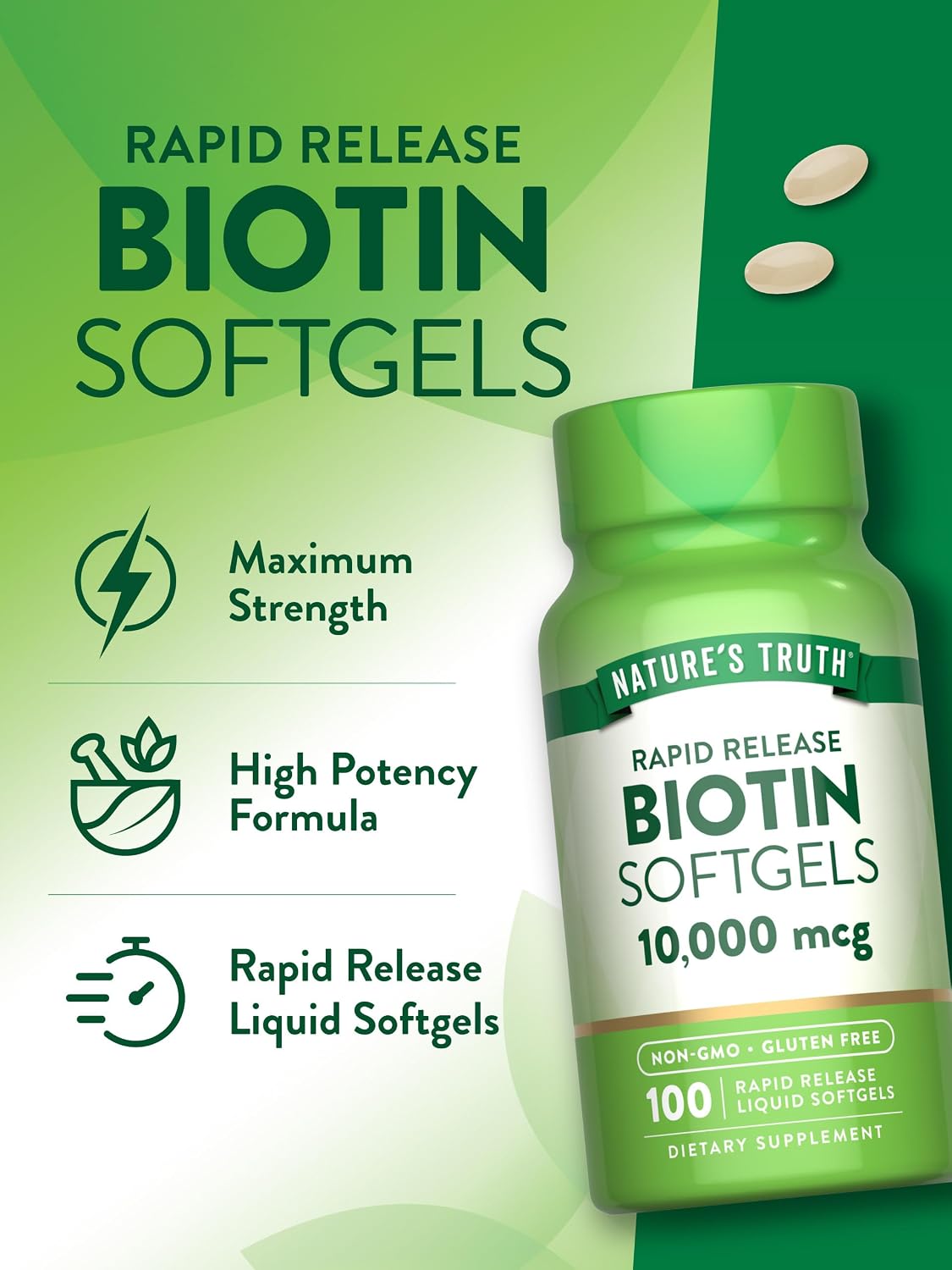 Nature's Truth Biotin 10.000 mcg | Softgels de Liberación Rápida | 100 Unidades | Sin Gluten y No GMO