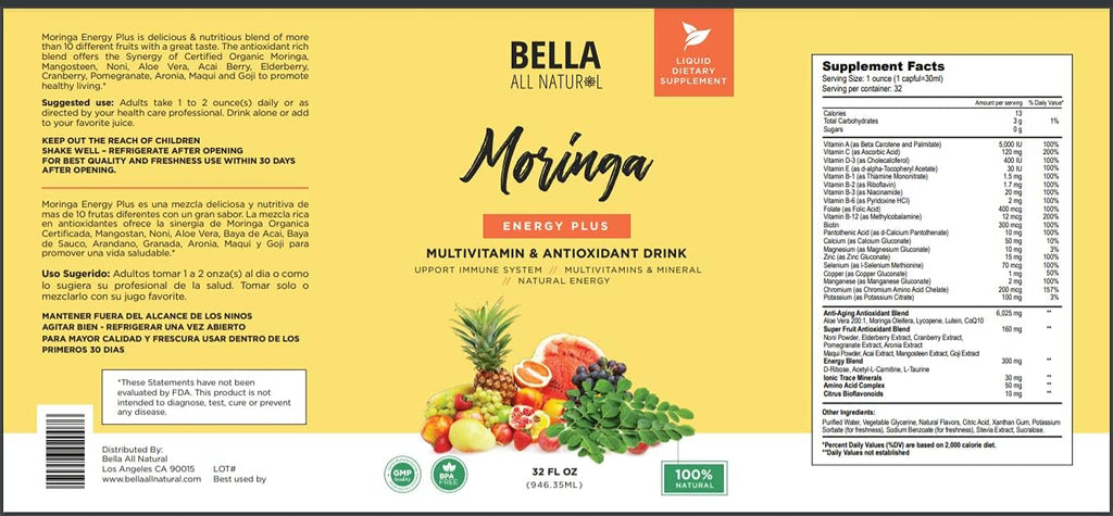 Bella All Natural Moringa Juice Energy Plus - Bebida Multivitamínica y Antioxidante - 946ml