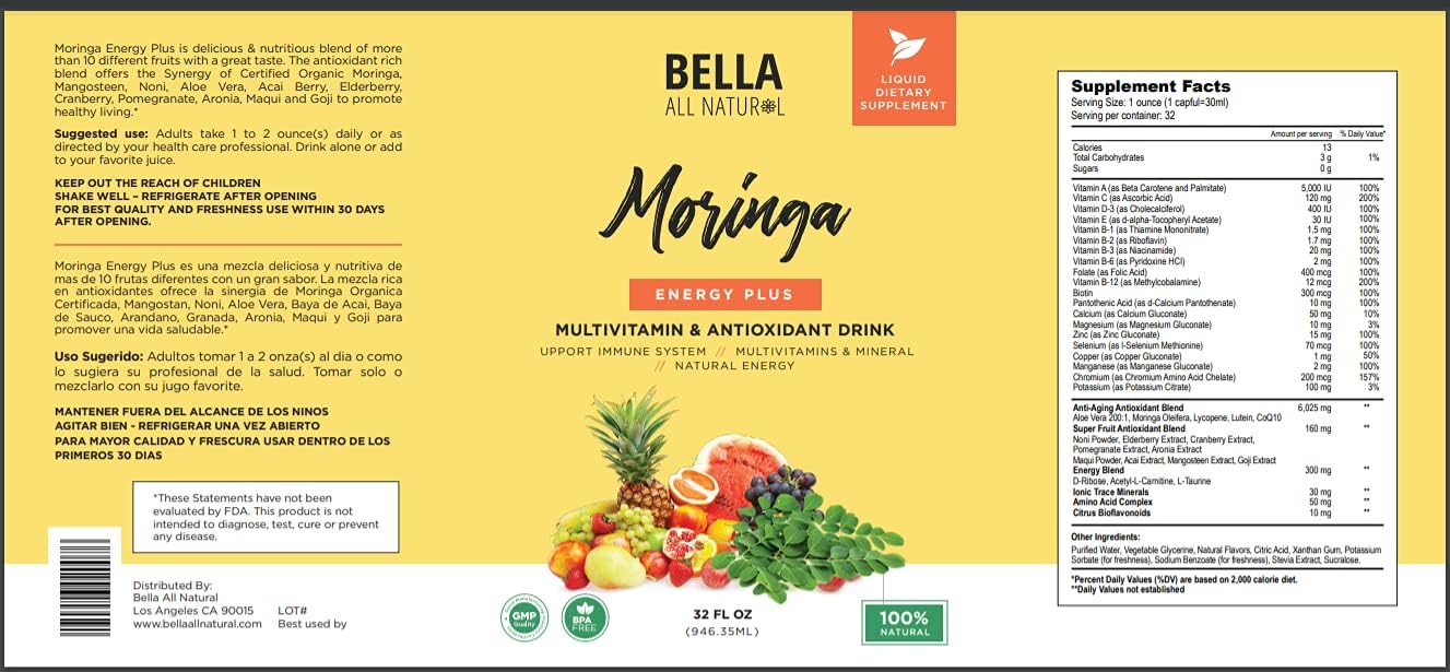 Bella All Natural Moringa Juice Energy Plus - Bebida Multivitamínica y Antioxidante - 946ml