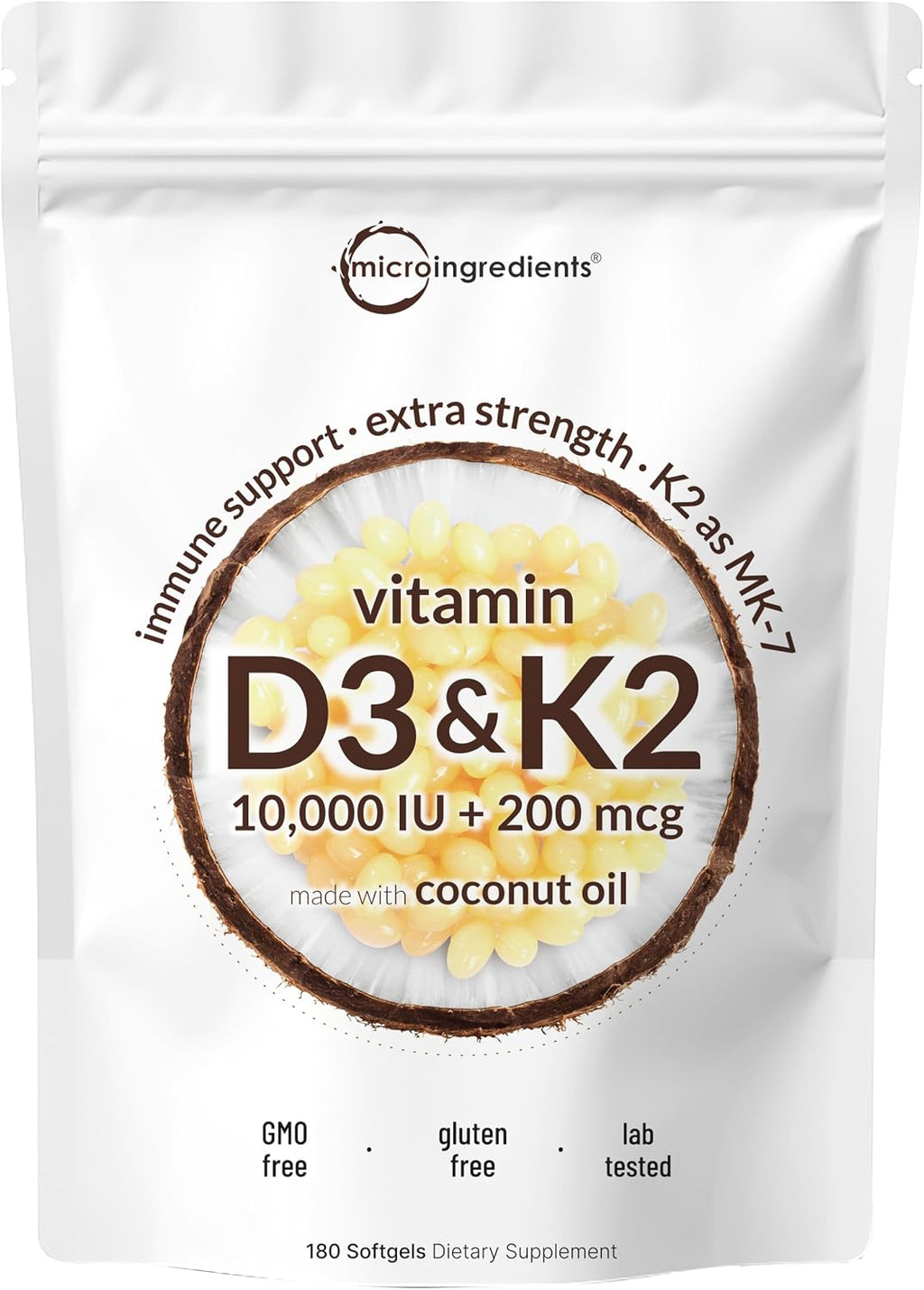 Micro Ingredients Vitamina D3 10000 UI + K2 MK-7 200 mcg, 300 Cápsulas Blandas