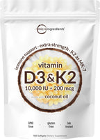 Micro Ingredients Vitamina D3 10.000 UI + K2 MK-7 200 mcg, 600 Softgels con Aceite de Coco Virgen (Pack de 2) | Complejo 2-en-1 Vitaminas D y K | Alta Potencia, Fáciles de Tragar, No-GMO, Sin Gluten