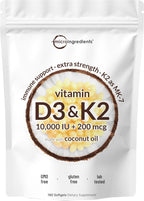 Micro Ingredients Vitamina D3 10.000 UI + K2 MK-7 200 mcg, 180 Cápsulas Blandas con Aceite de Coco Virgen
