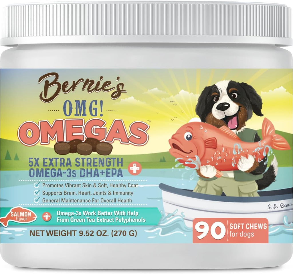Bernie's OMG! Omega Masticables para Perros - 5X Extra Fuerza DHA+EPA, Aceite de Pescado, Piel y Pelaje Saludables, Alivio de Alergias, Suplemento Articular (Sabor Salmón)