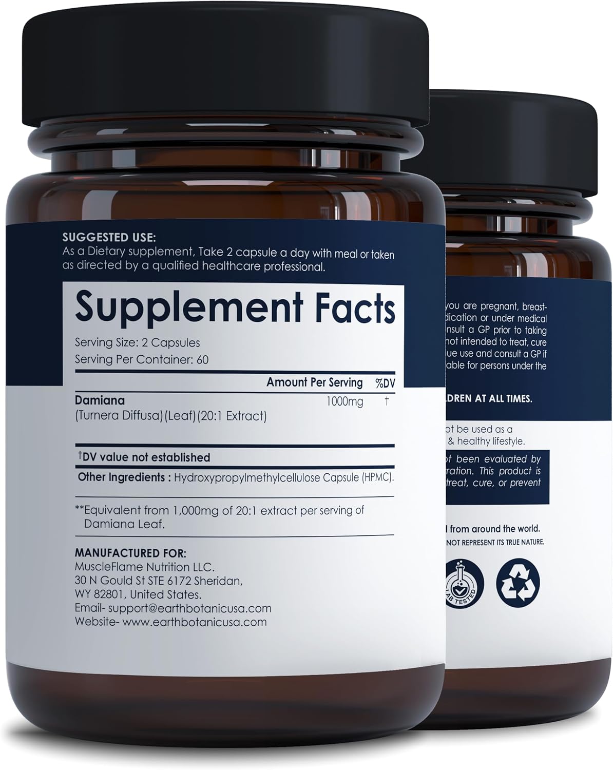Cápsulas de Damiana 1000 mg | Extracto de Hoja de Damiana 20:1 Concentrado | Suplemento Herbal | Base Vegetal | No Transgénico | 120 Cápsulas Vegetales