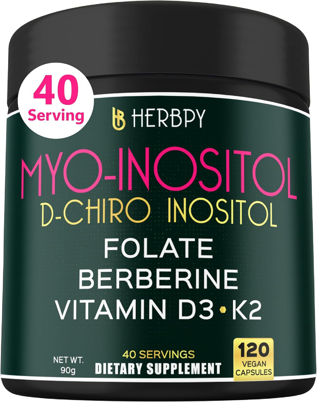 Herbpy 6en1 Premium Inositol 40:1 Myo-Inositol y D-Chiro Inositol con Folato, Berberina, Vitamina D3 y K2 - 120 Cápsulas Veganas