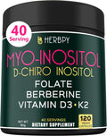 Herbpy 6en1 Premium Inositol 40:1 Myo-Inositol y D-Chiro Inositol con Folato, Berberina, Vitamina D3 y K2 - 120 Cápsulas Veganas