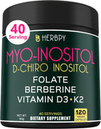 Herbpy 6en1 Premium Inositol 40:1 Myo-Inositol y D-Chiro Inositol con Folato, Berberina, Vitamina D3 y K2 - 120 Cápsulas Veganas