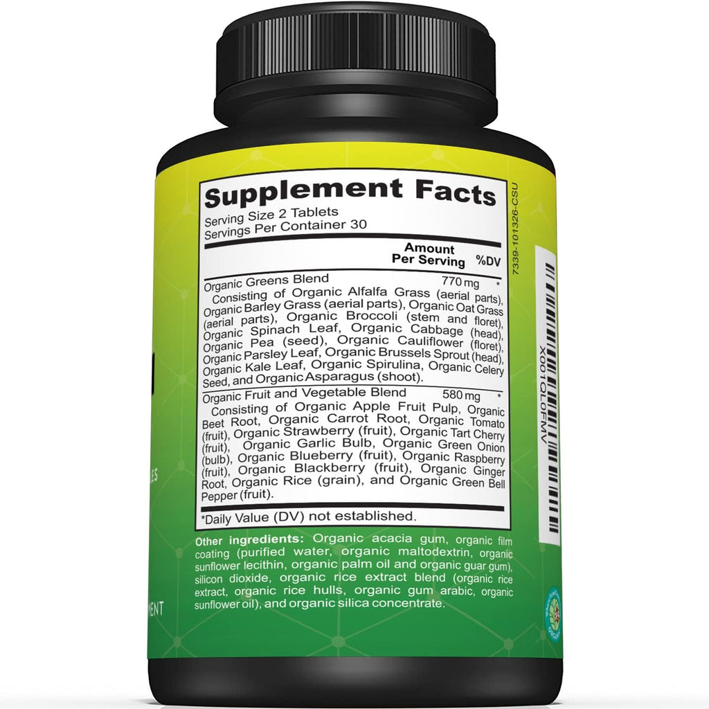 Sunergetic Premium USDA Organic Greens Superfood Tablets – 60 Comprimidos de Superalimentos Verdes Orgánicos