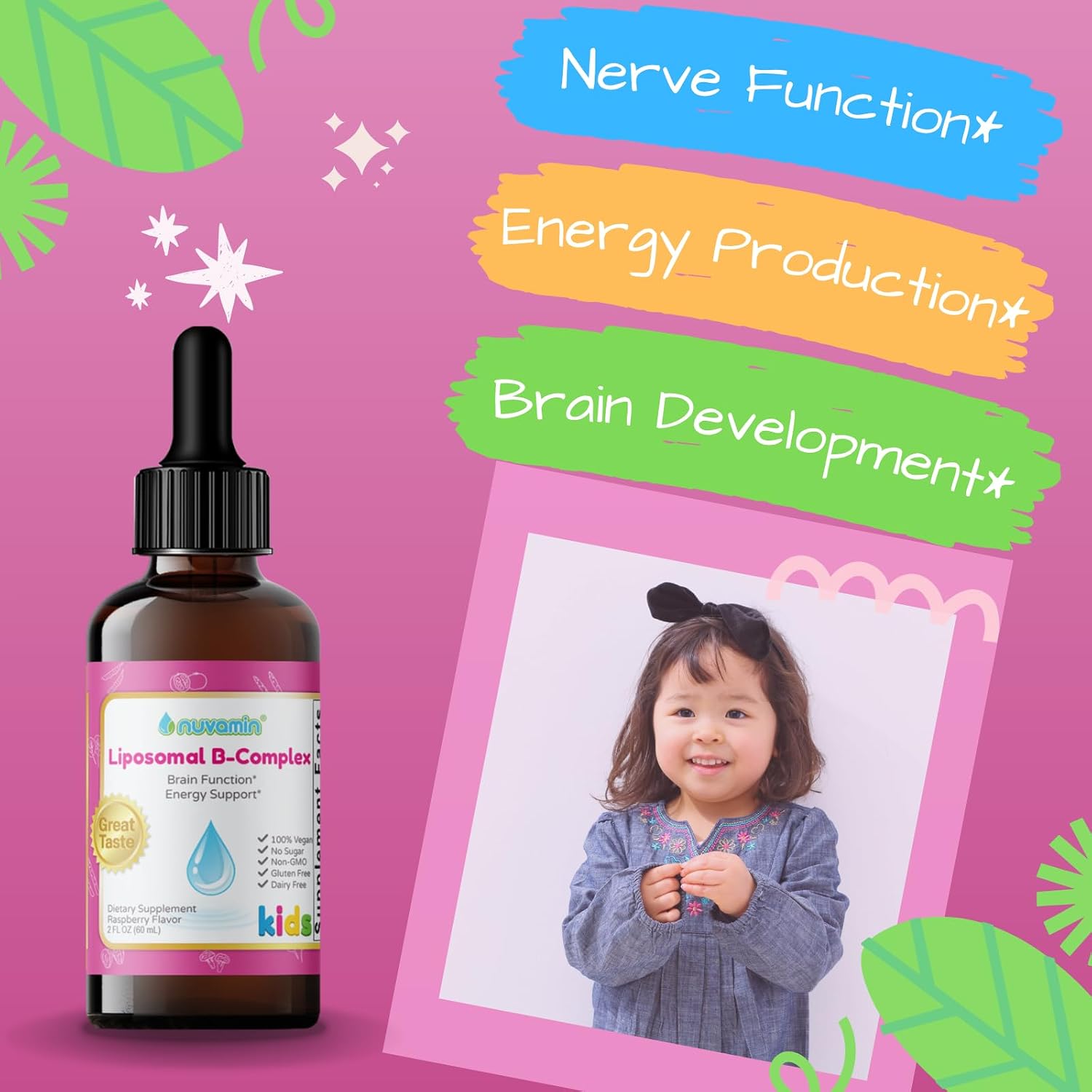 Nuvamin – Gotas Liposomales de Complejo B para Niños, Bebés y Adultos, 60 ml (2 Fl.Oz), Sabor Frambuesa