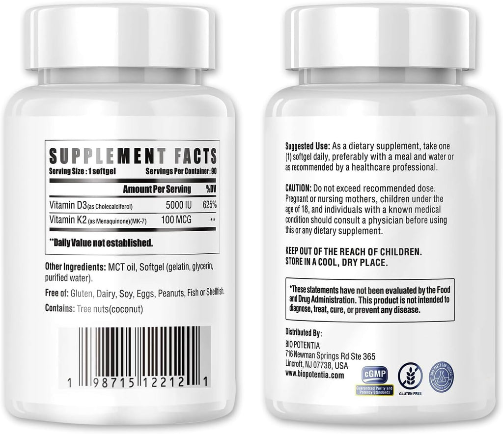 BIO POTENTIA Vitamina D3 K2 con MCT Oil, 5000 UI D3 y 100 mcg K2 (MK-7), 90 Cápsulas Blandas