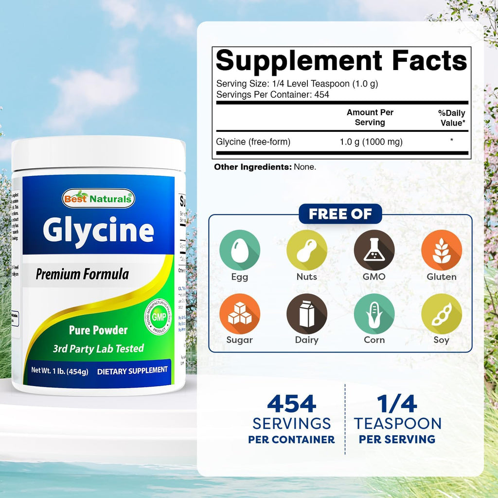 Best Naturals Glycine Powder 1 LB - Apoyo a Neurotransmisores y Relajación